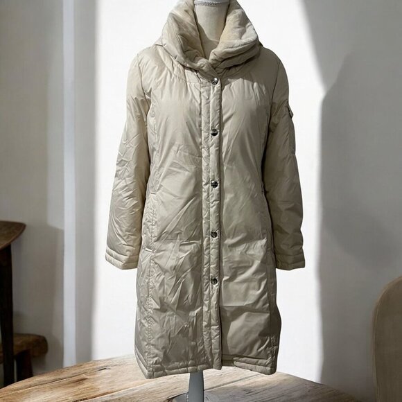 DKNY Neutral Long Urban Down Hooded‎ Scandinavian Winter Cottage Puffer Coat L - Picture 7 of 9